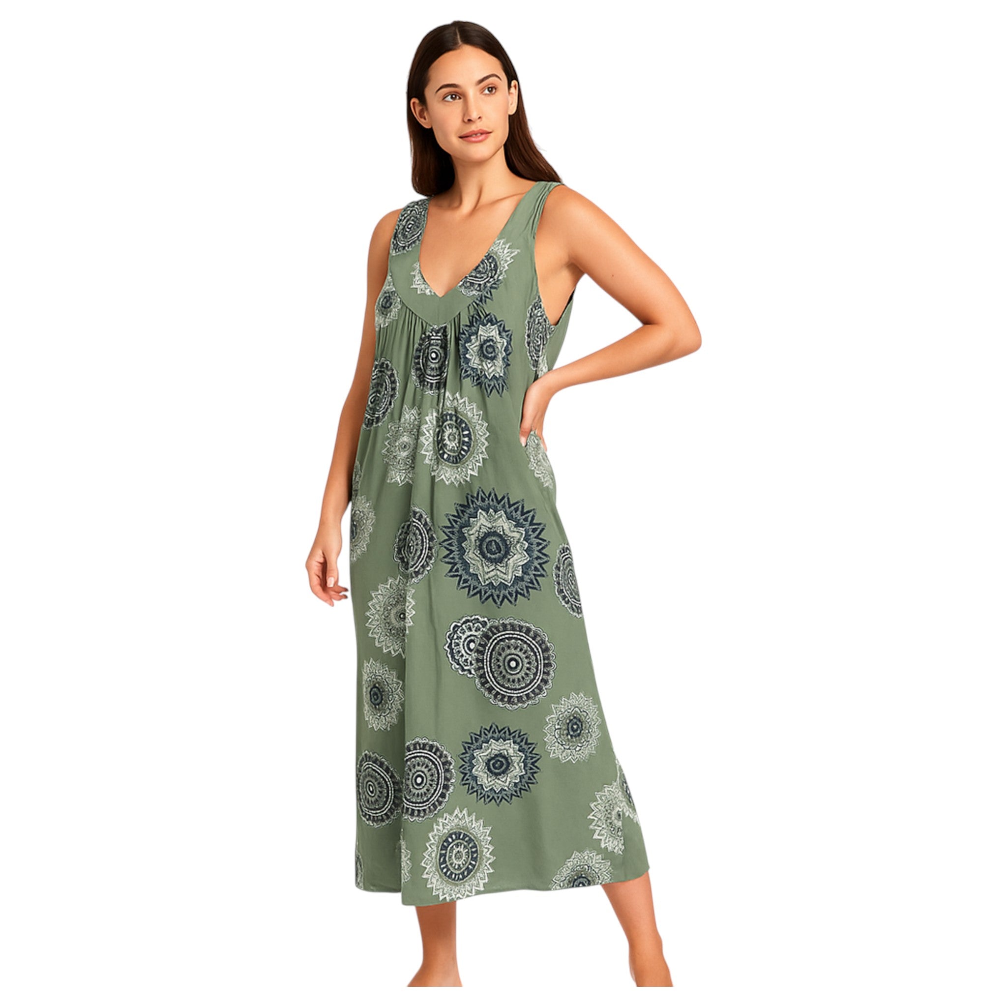 Women's sleeveless khaki green boho summer midi dress with paisley print – lightweight and flowy beach holiday dress